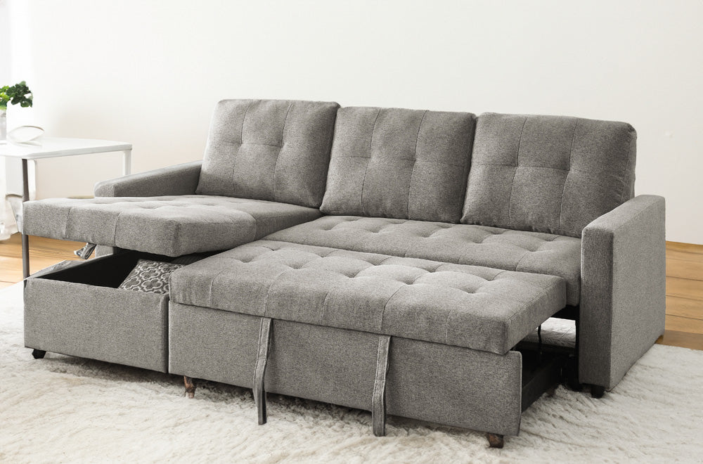 T1245 Reversible Pull-Out Sofa Sectional with Storage – Grey Fabric, 91″W x 57″D