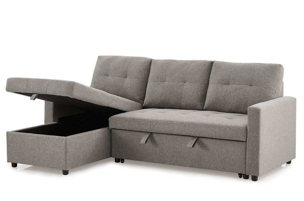 T1245 Reversible Pull-Out Sofa Sectional with Storage – Grey Fabric, 91″W x 57″D