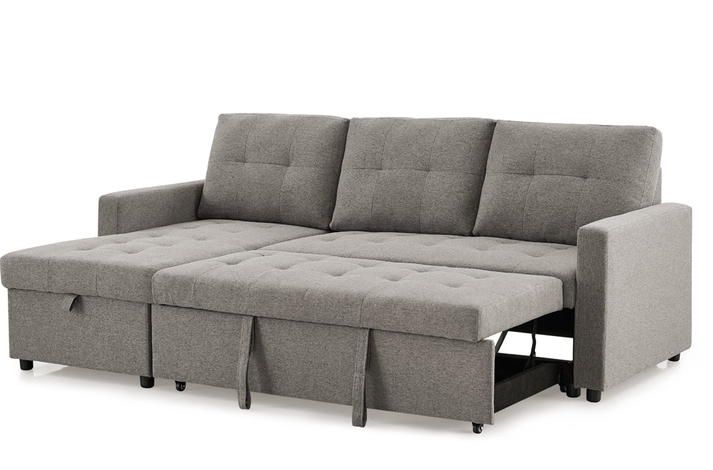 T1245 Reversible Pull-Out Sofa Sectional with Storage – Grey Fabric, 91″W x 57″D