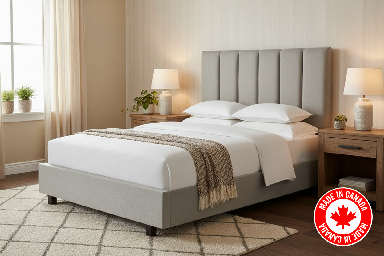 R153 Platform Bed — Grey Linen, Queen Size