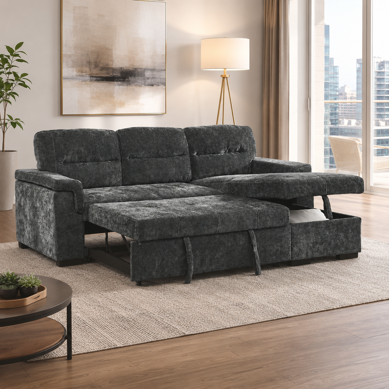 T1218 Pull-Out Sofa Sectional Grey – Open Bed View | FurniturCa Canada