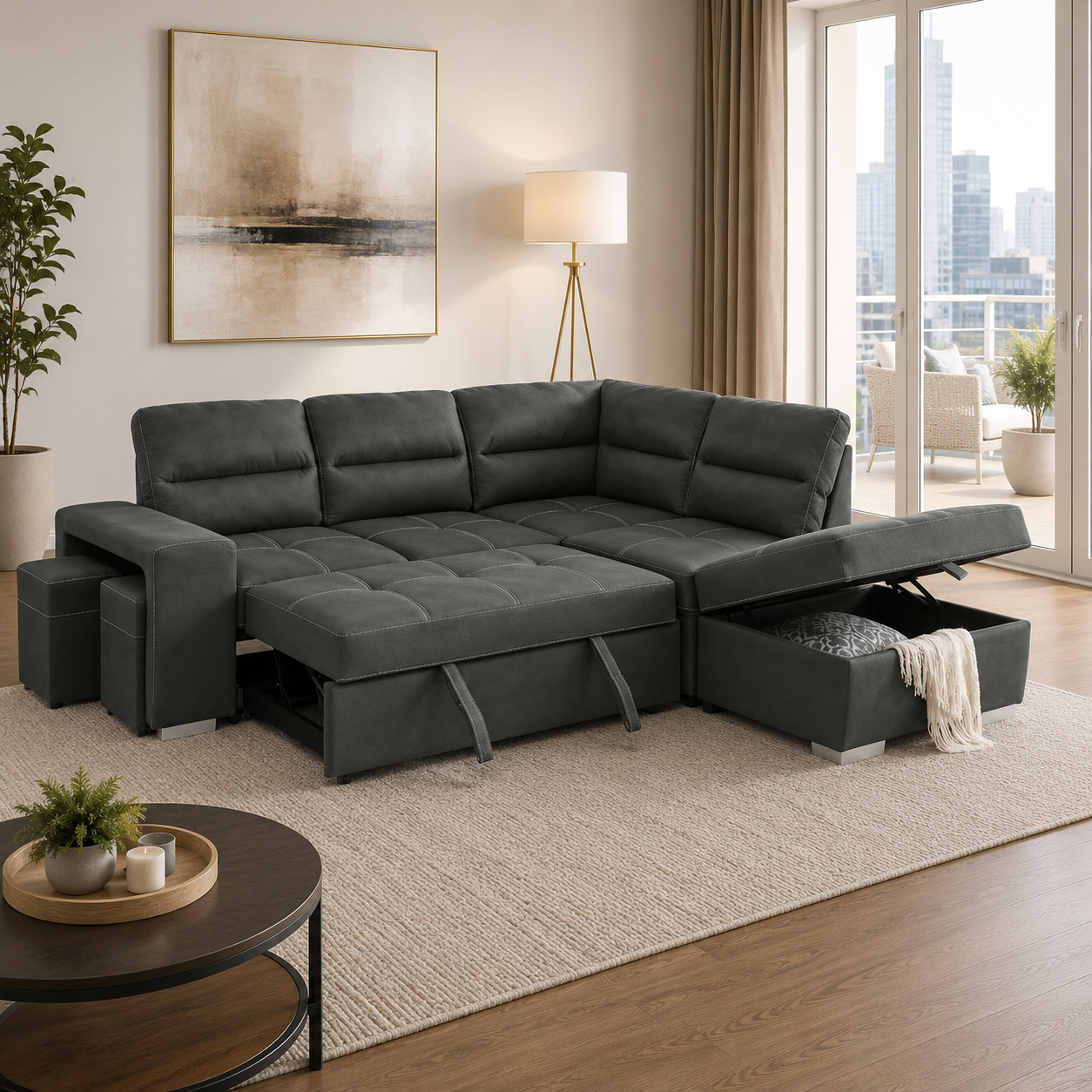 T1225 Pull-Out Sofa Sectional Grey – Storage Compartment View | FurniturCa