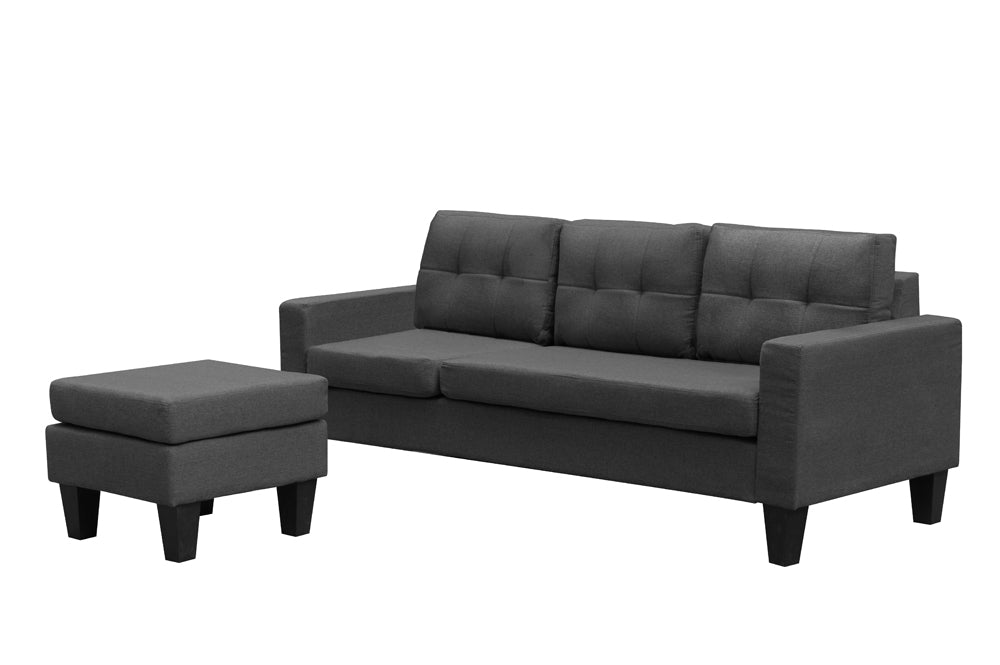 T1228 Sectional Sofa with Floating Ottoman – Grey Linen or Black Velvet, 71.5″W x 50.5″D