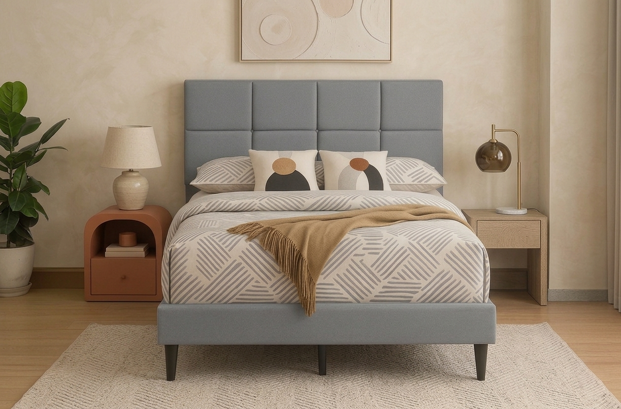 T2102 grey linen platform bed – side angle with adjustable headboard raised