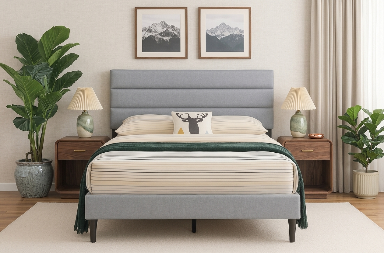 T2103 grey linen platform bed – side angle with adjustable headboard raised