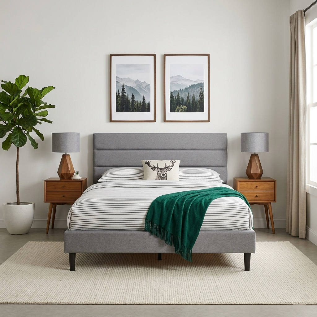T2103 Linen Platform Bed – Adjustable Headboard, Charcoal or Grey, Queen