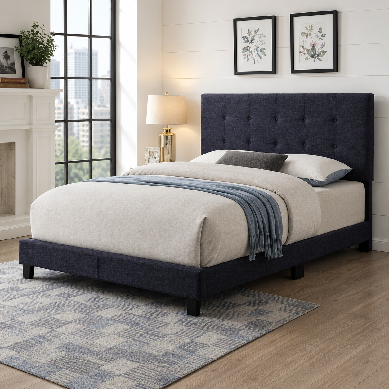 T2113 Adjustable Headboard Bed Blue Linen – FurniturCa Canada