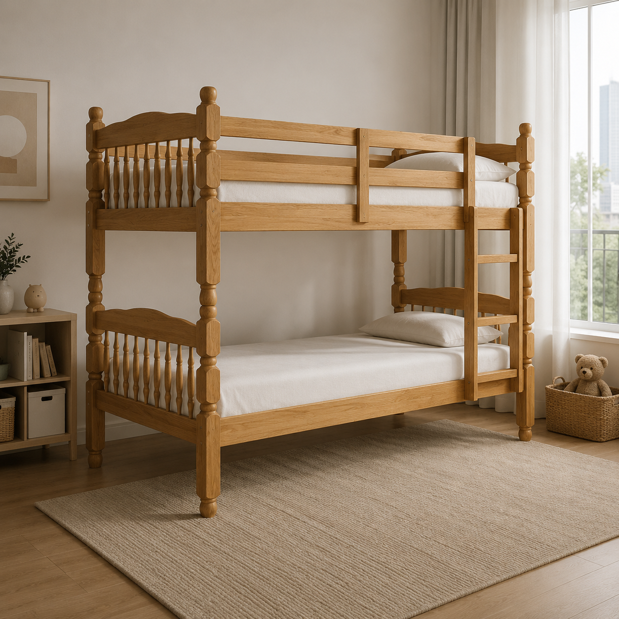 T2601 solid pine wood twin over twin bunk bed in warm honey finish — FurniturCa furniture store Toronto