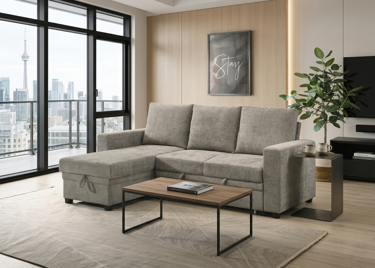T1248 pull-out sofa bed in grey chenille – sofa position with storage ottoman