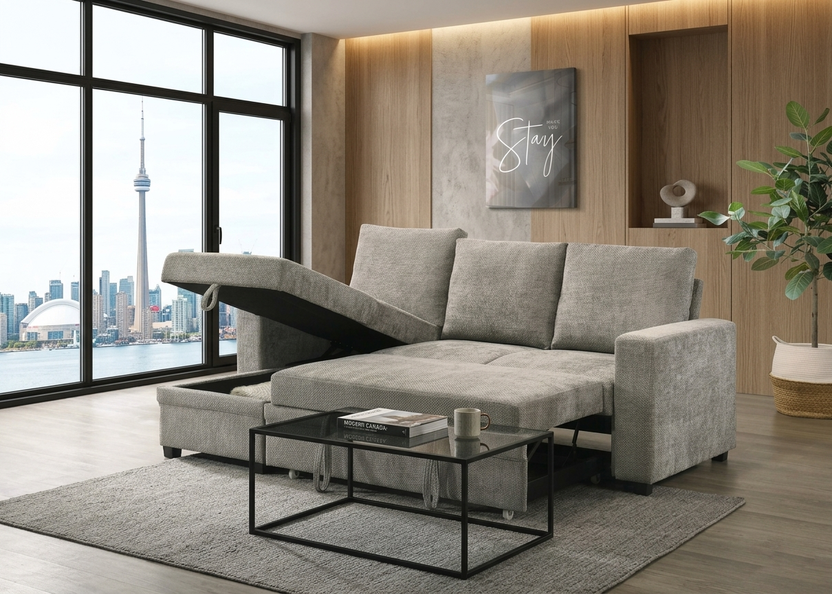 T1248 grey chenille sofa bed converted to full-size bed – pull-out open position