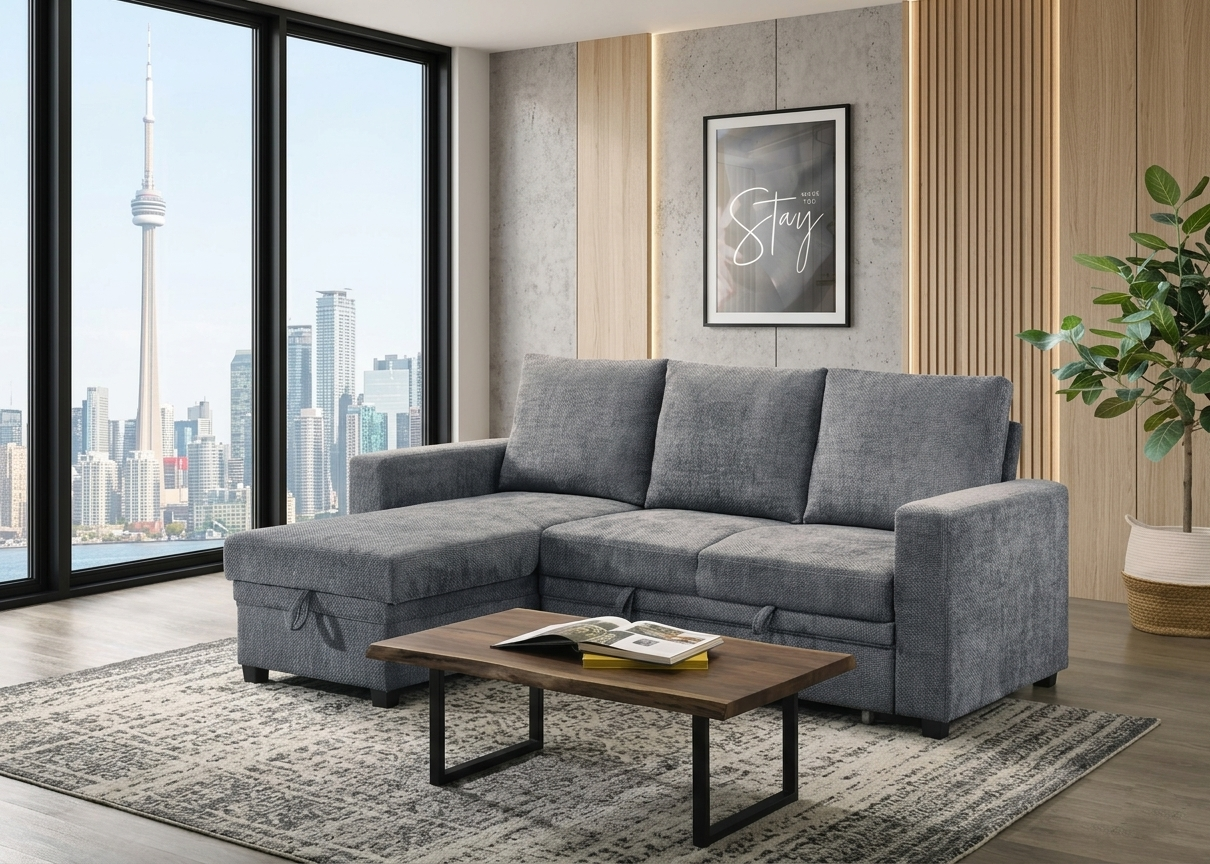T1248 pull-out sofa bed in charcoal grey chenille – sofa position with storage ottoman
