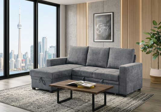 T1248 Reversible Pull-Out Sofa Bed with Storage Ottoman – Charcoal or Grey Chenille