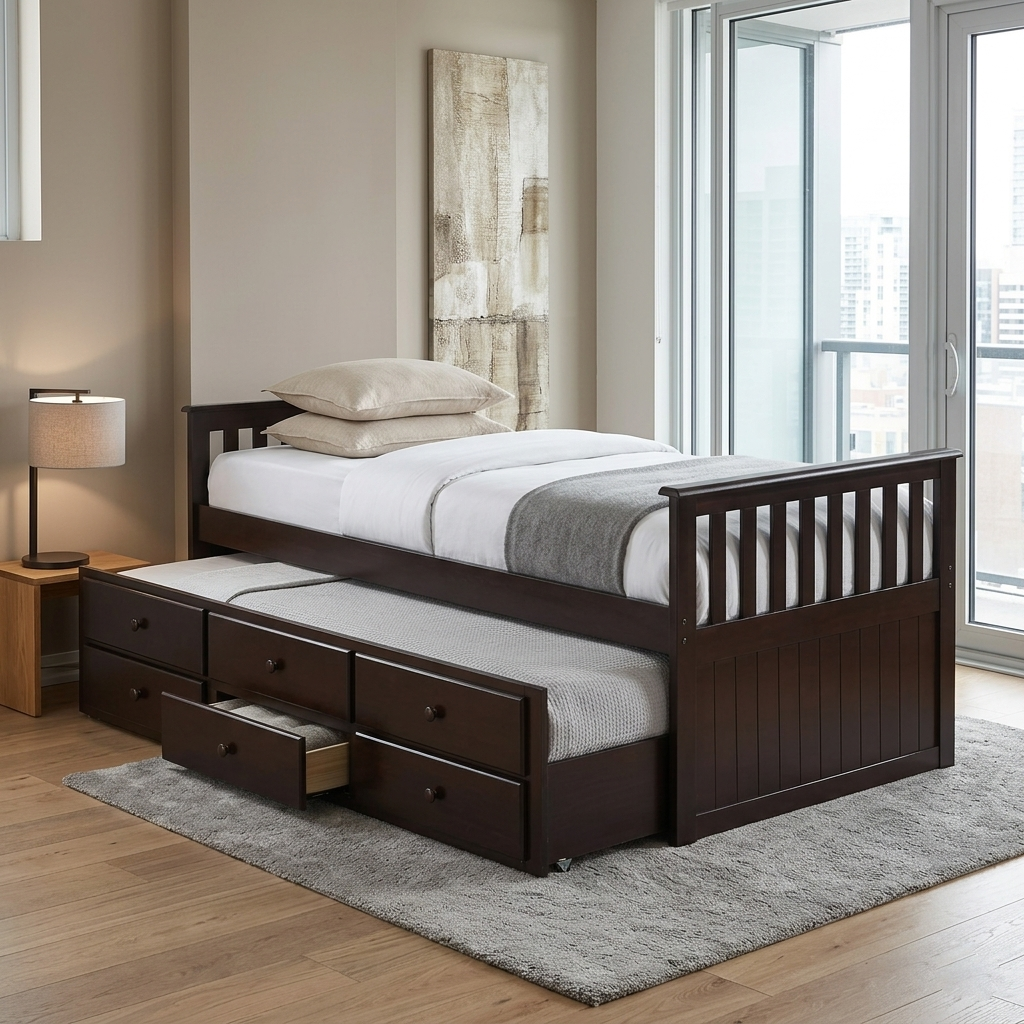 T2100 Solid Wood Captain's Daybed – Grey, Blue, Espresso, or White, Twin Size