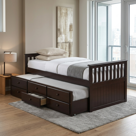 T2100 Solid Wood Captain's Daybed – Grey, Blue, Espresso, or White, Twin Size