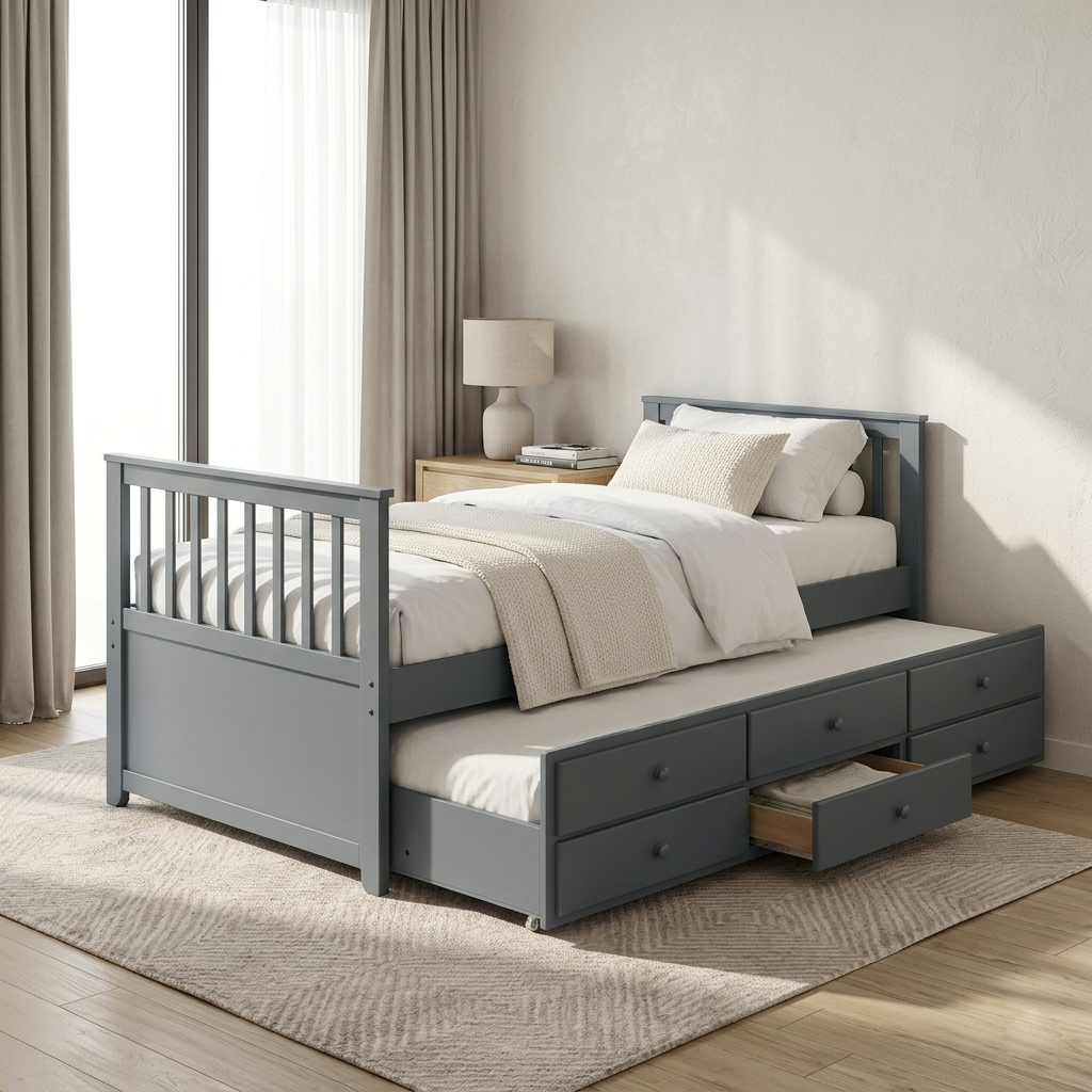 T2100 Solid Wood Captain's Daybed – Grey, Blue, Espresso, or White, Twin Size
