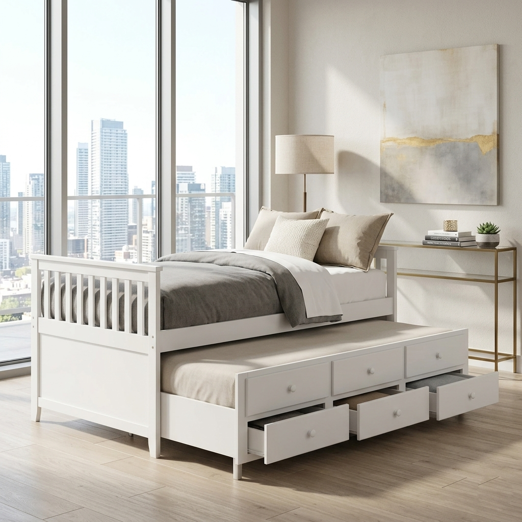 T2100 Solid Wood Captain's Daybed – Grey, Blue, Espresso, or White, Twin Size
