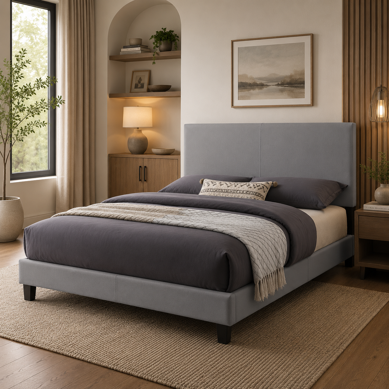T2110 Adjustable Headboard Bed Grey Linen – Buy Bed Canada | FurniturCa