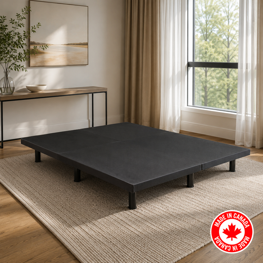 R112 platform bed frame in grey wood, front view