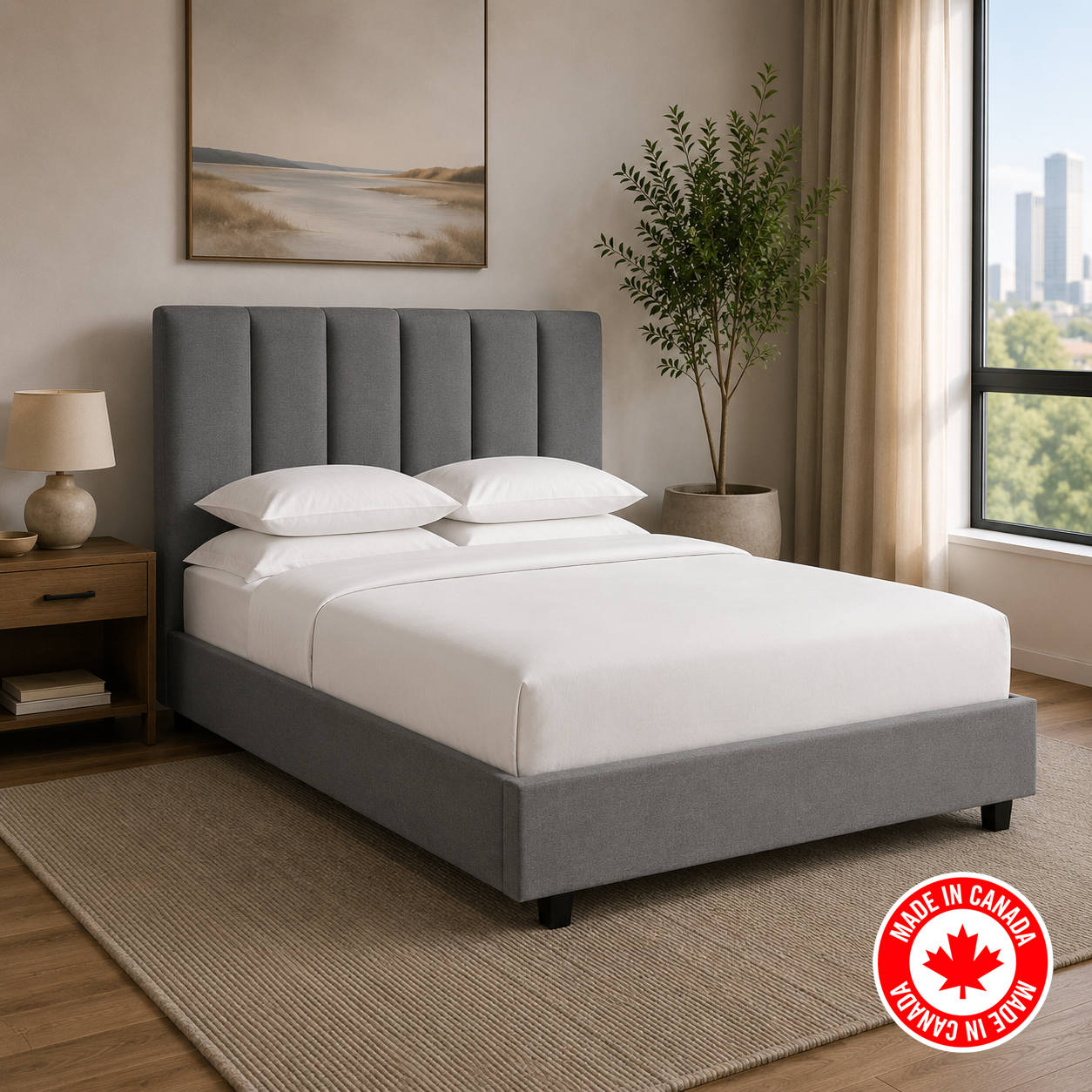 R153 platform bed in charcoal grey linen upholstery, tufted headboard