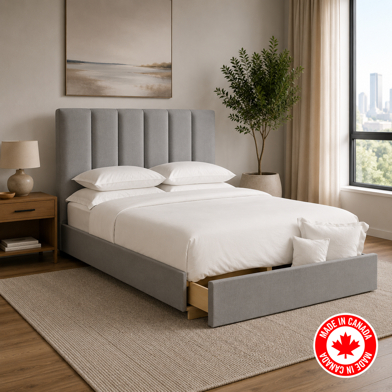 R153 platform bed in grey linen upholstery, additional view