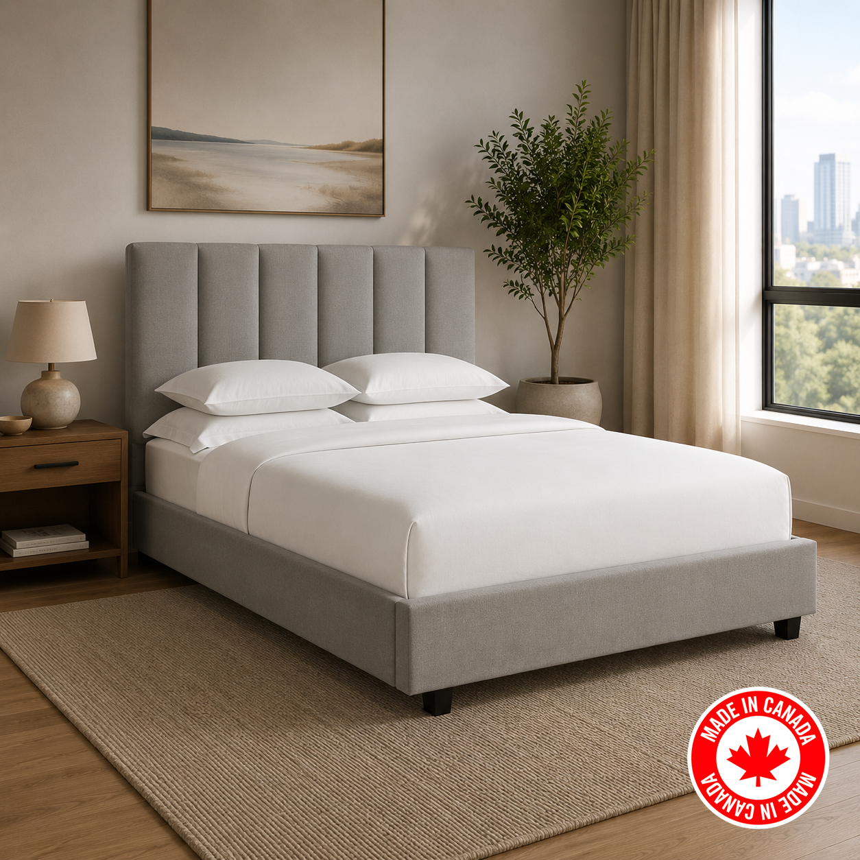 R153 platform bed in grey linen upholstery, tufted headboard