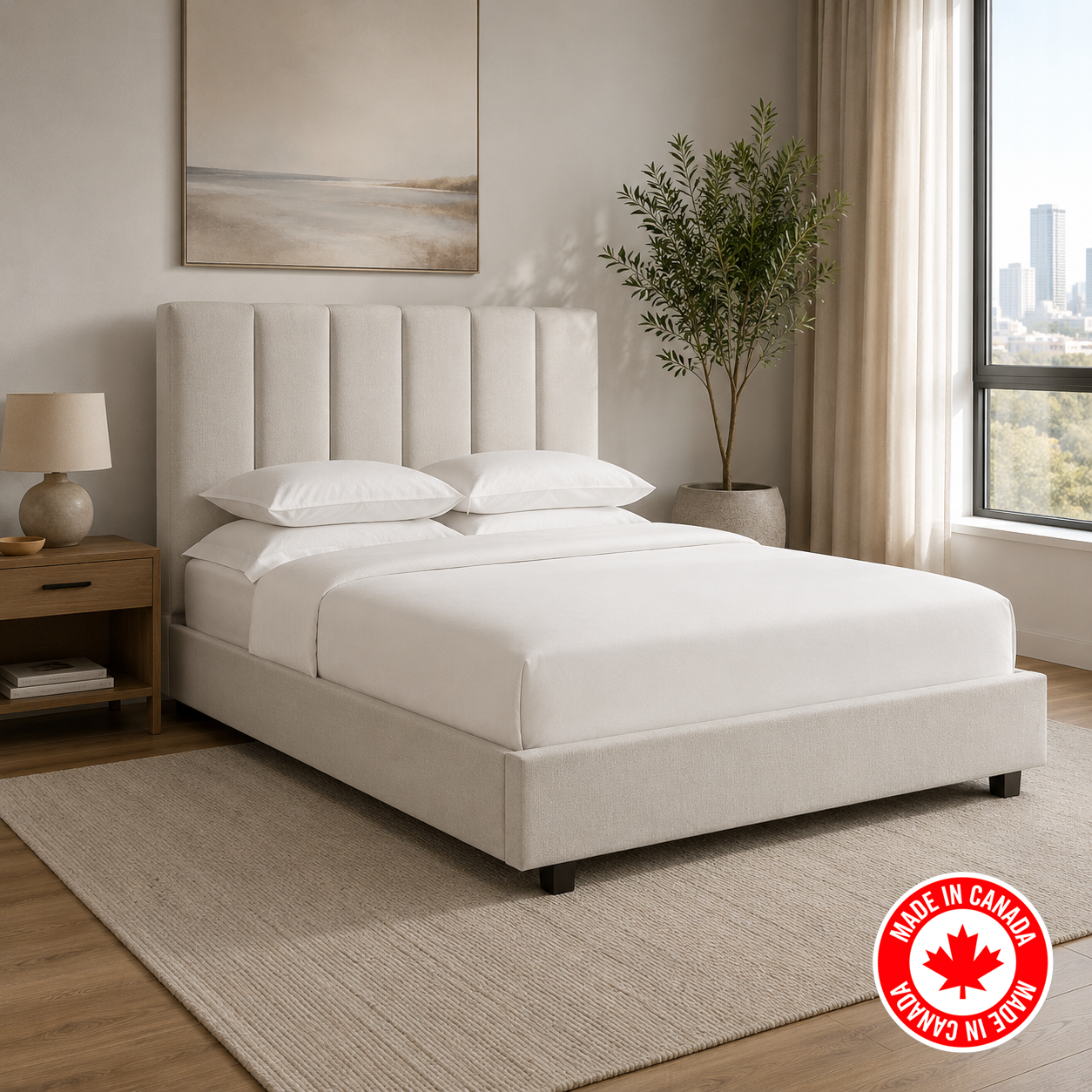R153 platform bed in white linen upholstery, tufted headboard