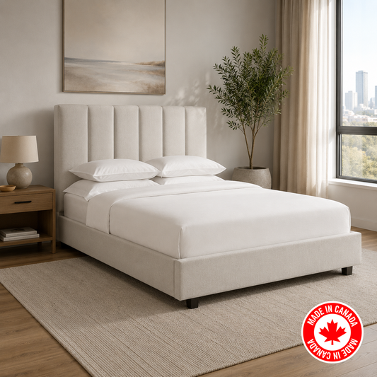 R153 platform bed in white linen upholstery, tufted headboard