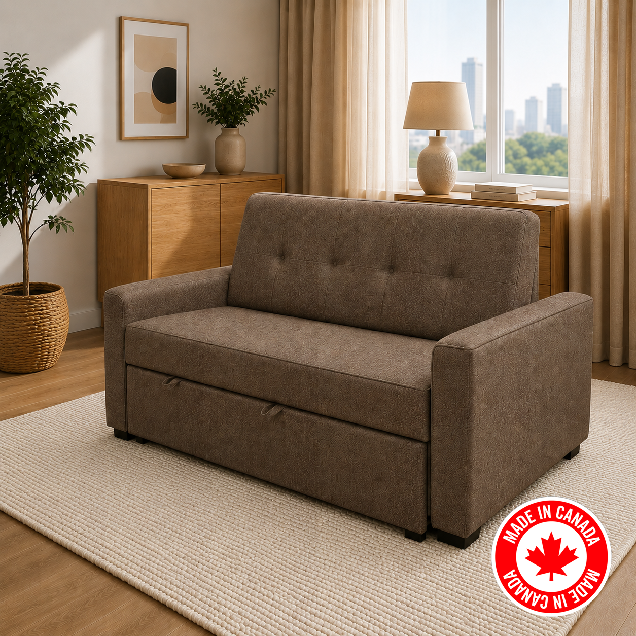 R345 Canadian-made sofa bed in brown — converts from sofa to bed, FurniturCa Toronto