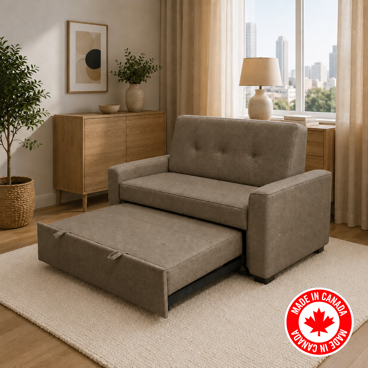 R345 brown pull-out sofa bed shown as sofa — Canadian-made sleeper sofa, FurniturCa