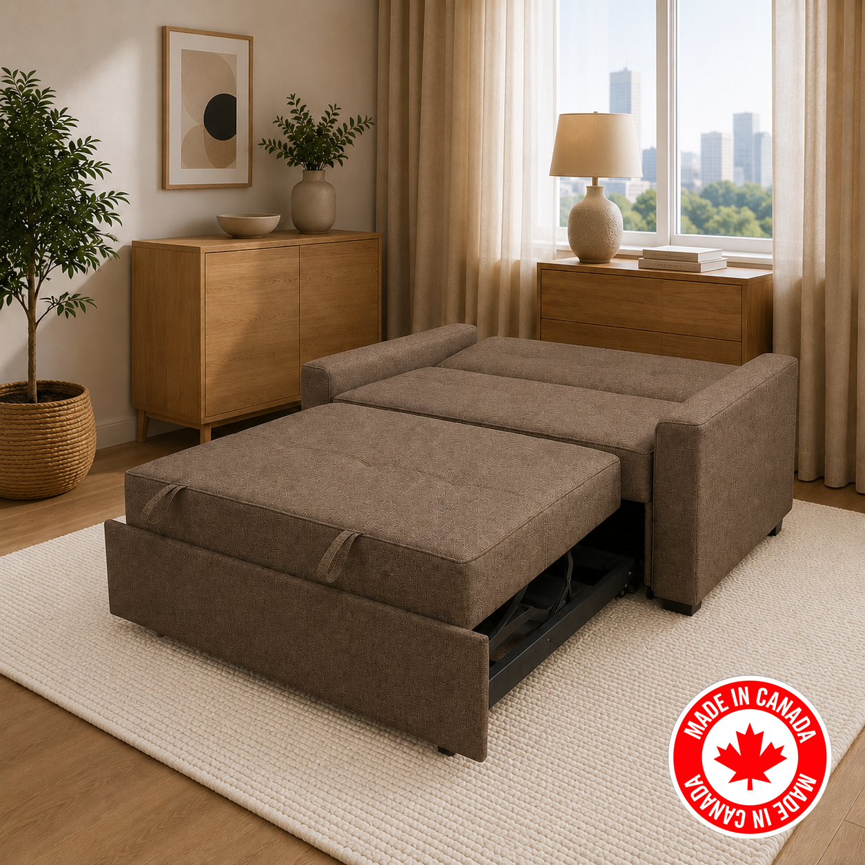 R345 brown sofa bed detail view — Canadian craftsmanship, FurniturCa