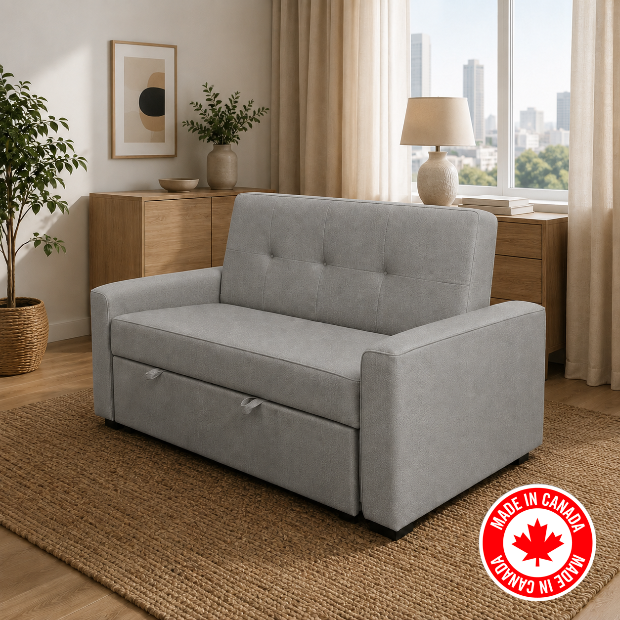 R345 Canadian-made sofa bed in grey — converts from sofa to bed, FurniturCa Toronto