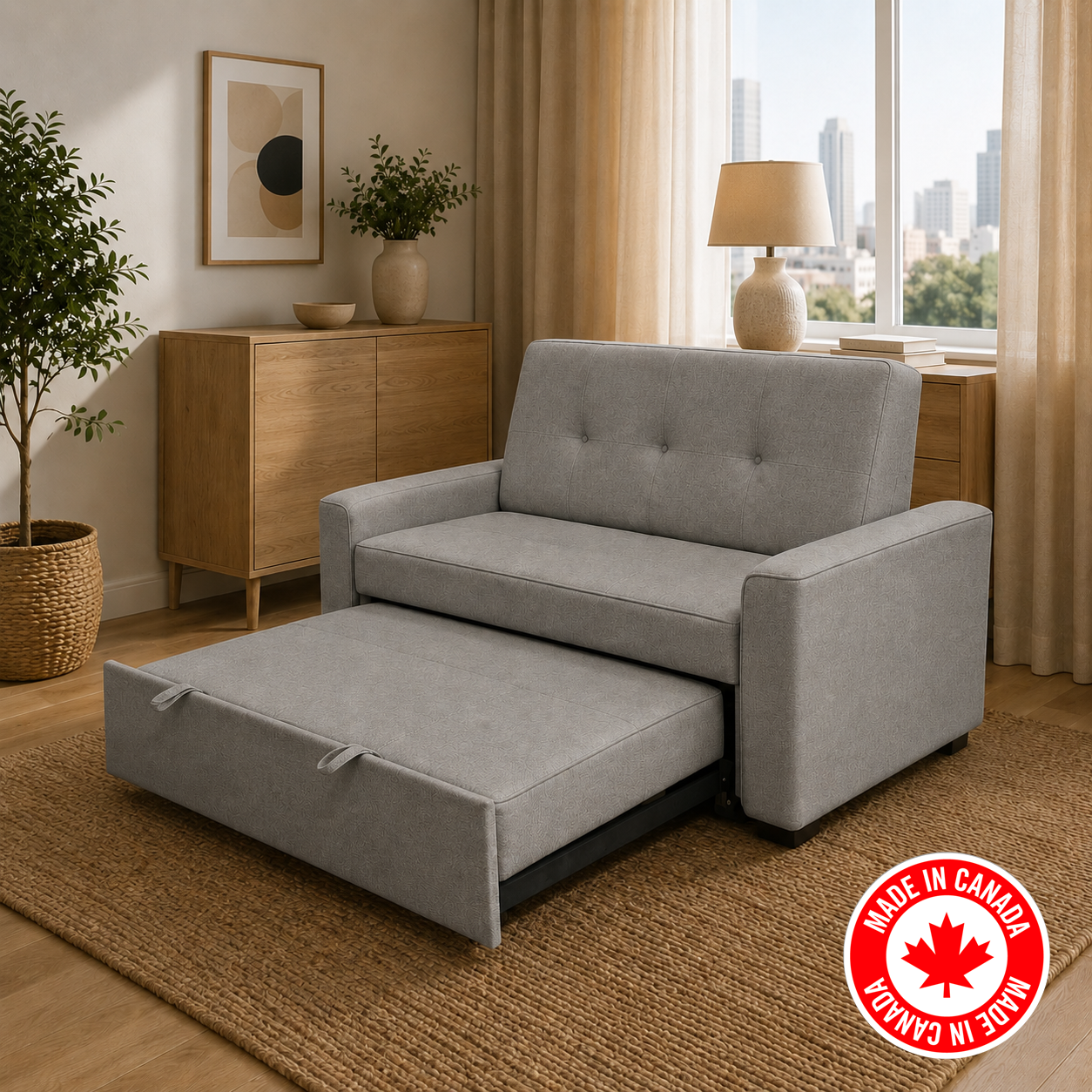 R345 grey pull-out sofa bed shown as sofa — Canadian-made sleeper sofa, FurniturCa