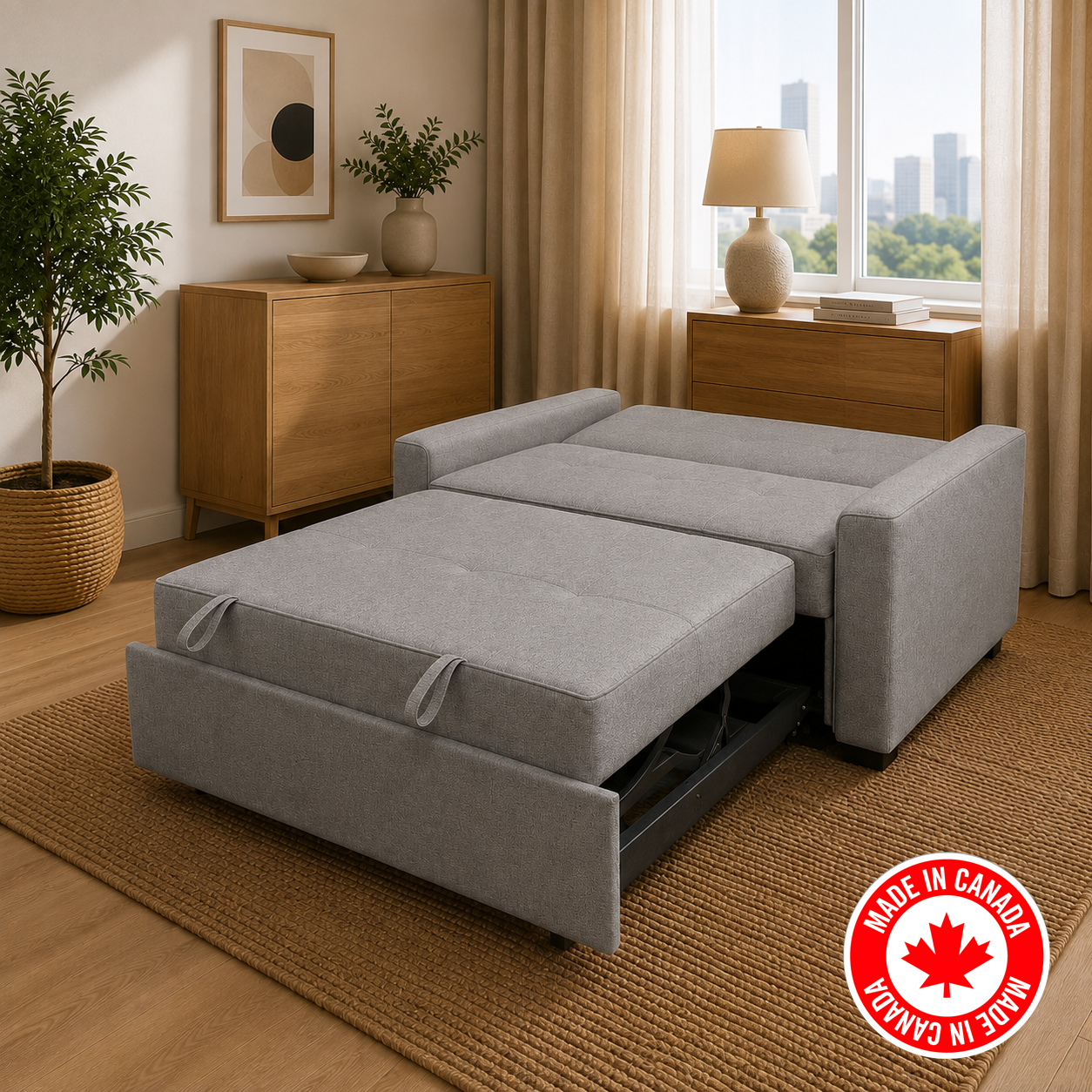 R345 grey sofa bed detail — plush cushioning, FurniturCa