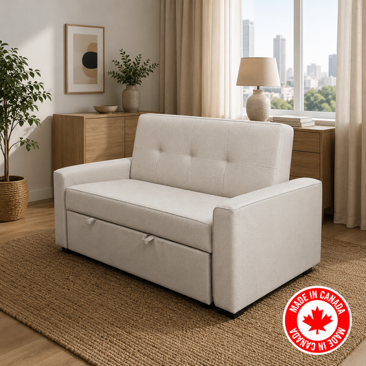 R345 Canadian-made sofa bed in white — converts from sofa to bed, FurniturCa Toronto