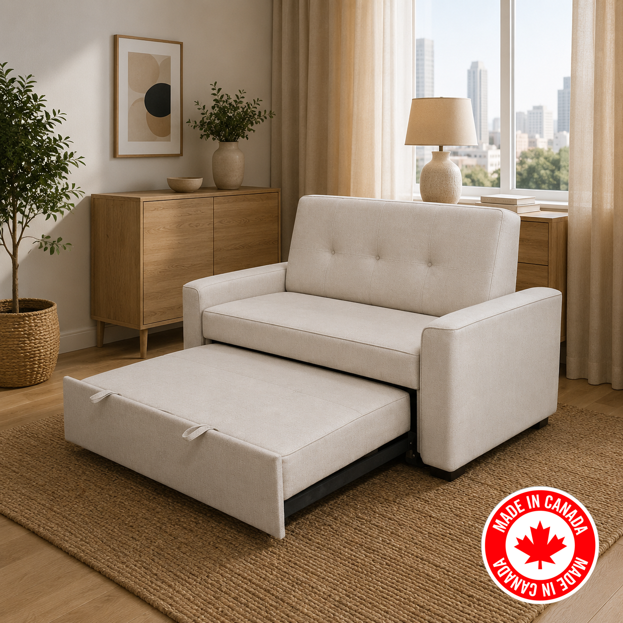 R345 white pull-out sofa bed shown as sofa — Canadian-made sleeper sofa, FurniturCa