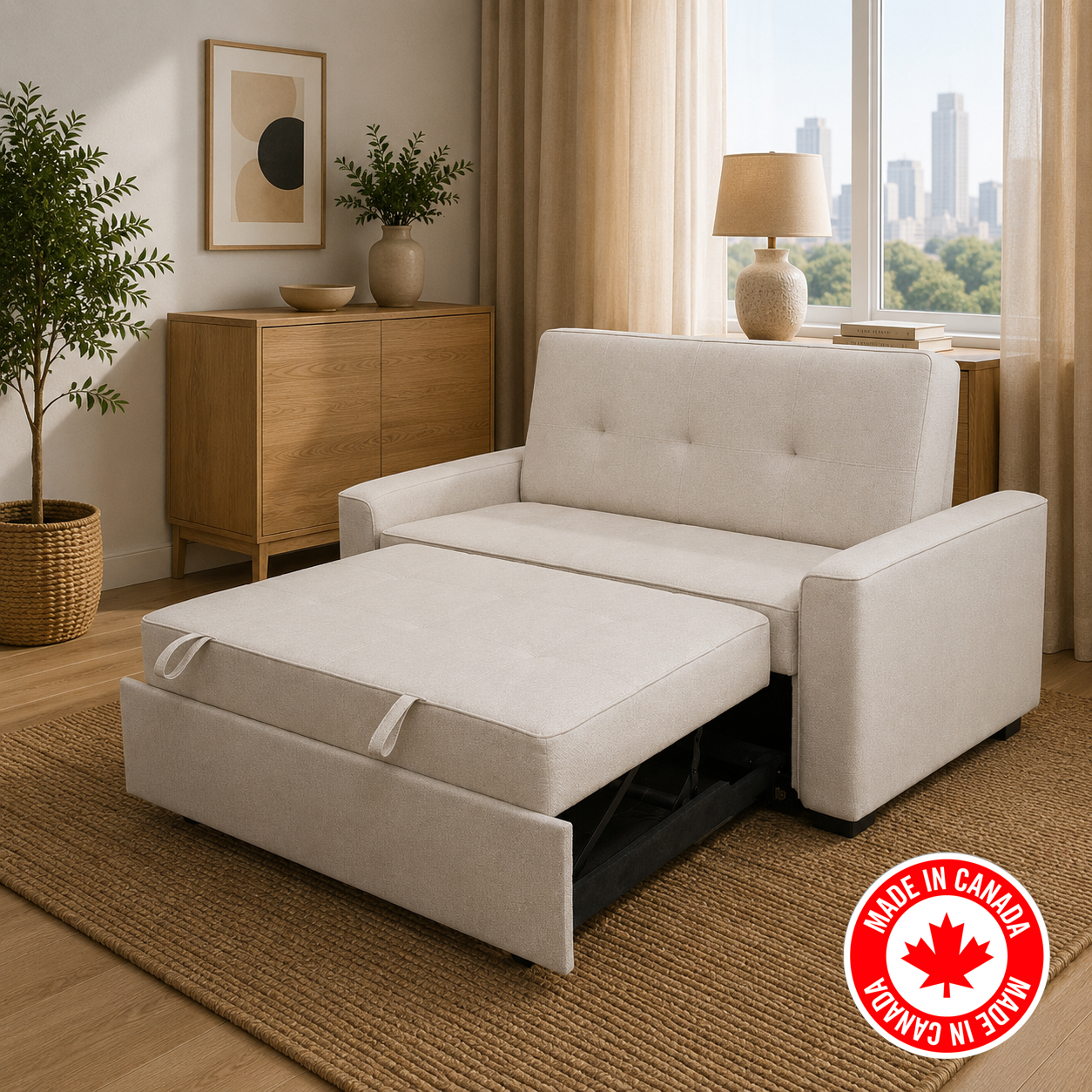 R345 white pull-out sofa bed open as bed — twin, double and queen sizes, FurniturCa