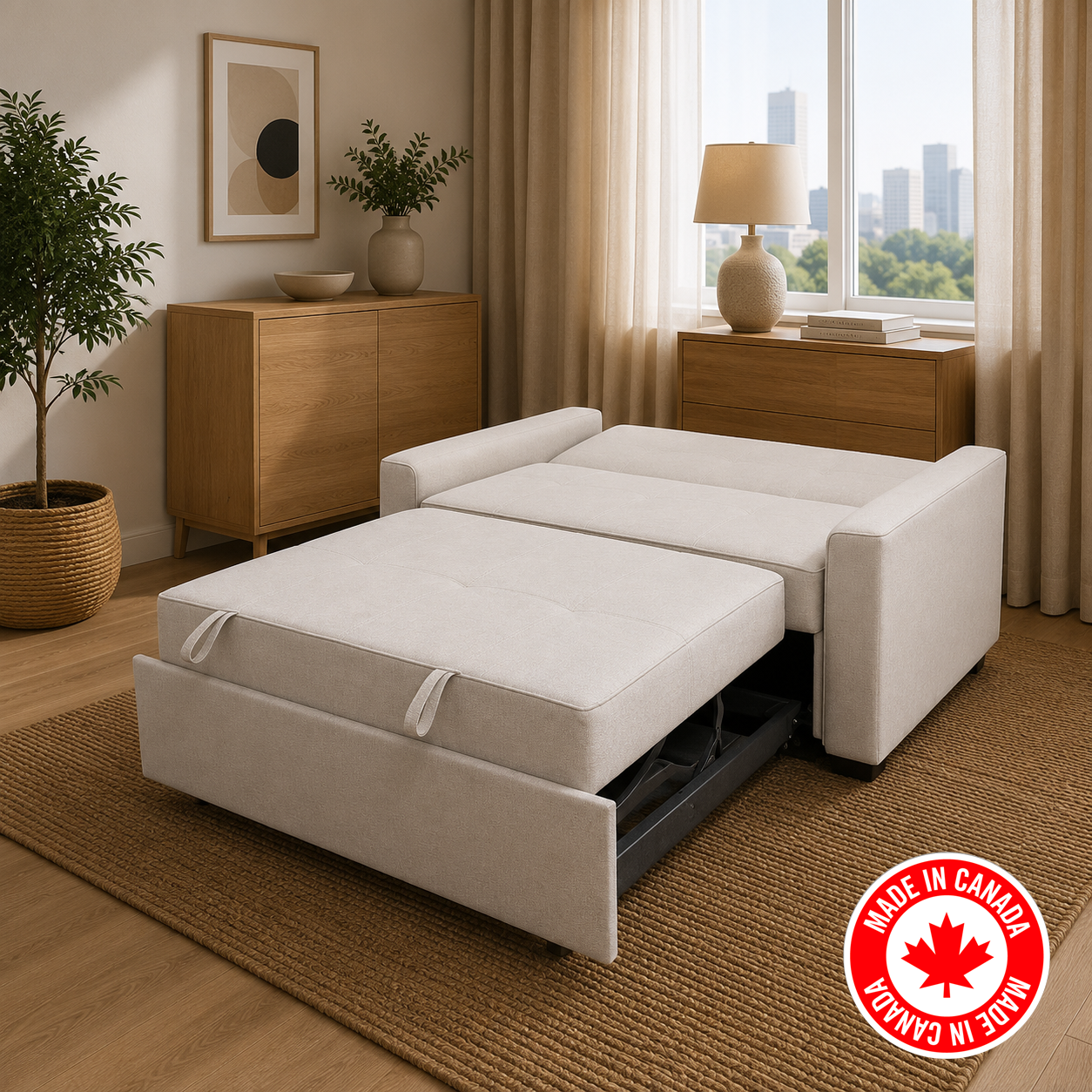 R345 white sofa bed detail view — solid Canadian craftsmanship, FurniturCa