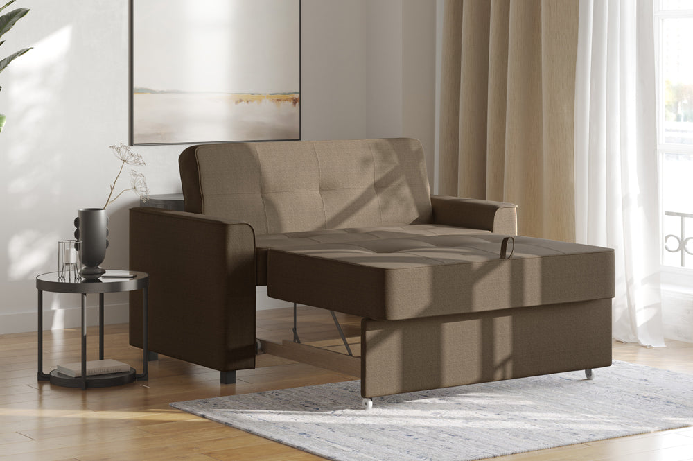 R345 pull-out sofa bed open in bed configuration — Grey/Chrome Finish