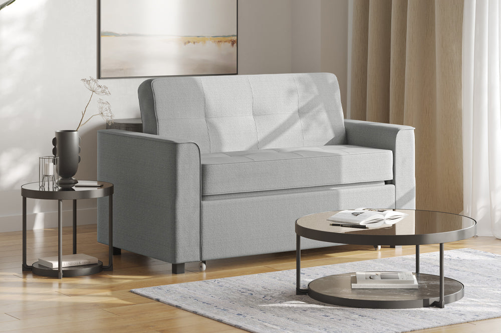 Canadian-made sofa bed R345 in sofa mode — Brown fabric, front view