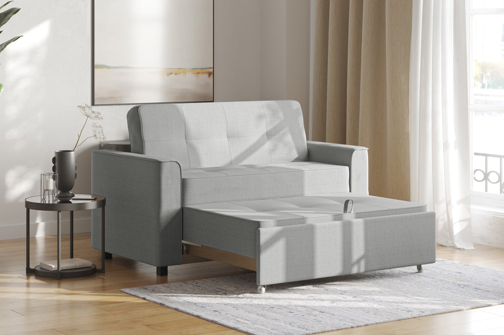R345 convertible sofa bed — Brown cover, side profile showing cushion depth