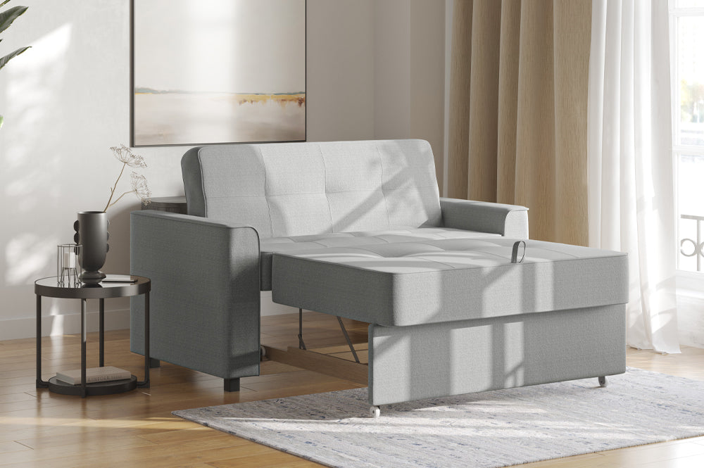 R345 pull-out sofa bed open in bed configuration — Brown fabric