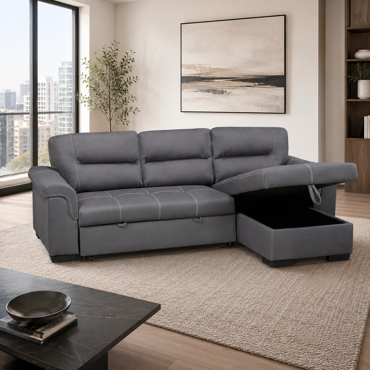 T1217 Pull-Out Sofa Sectional – Grey Fabric