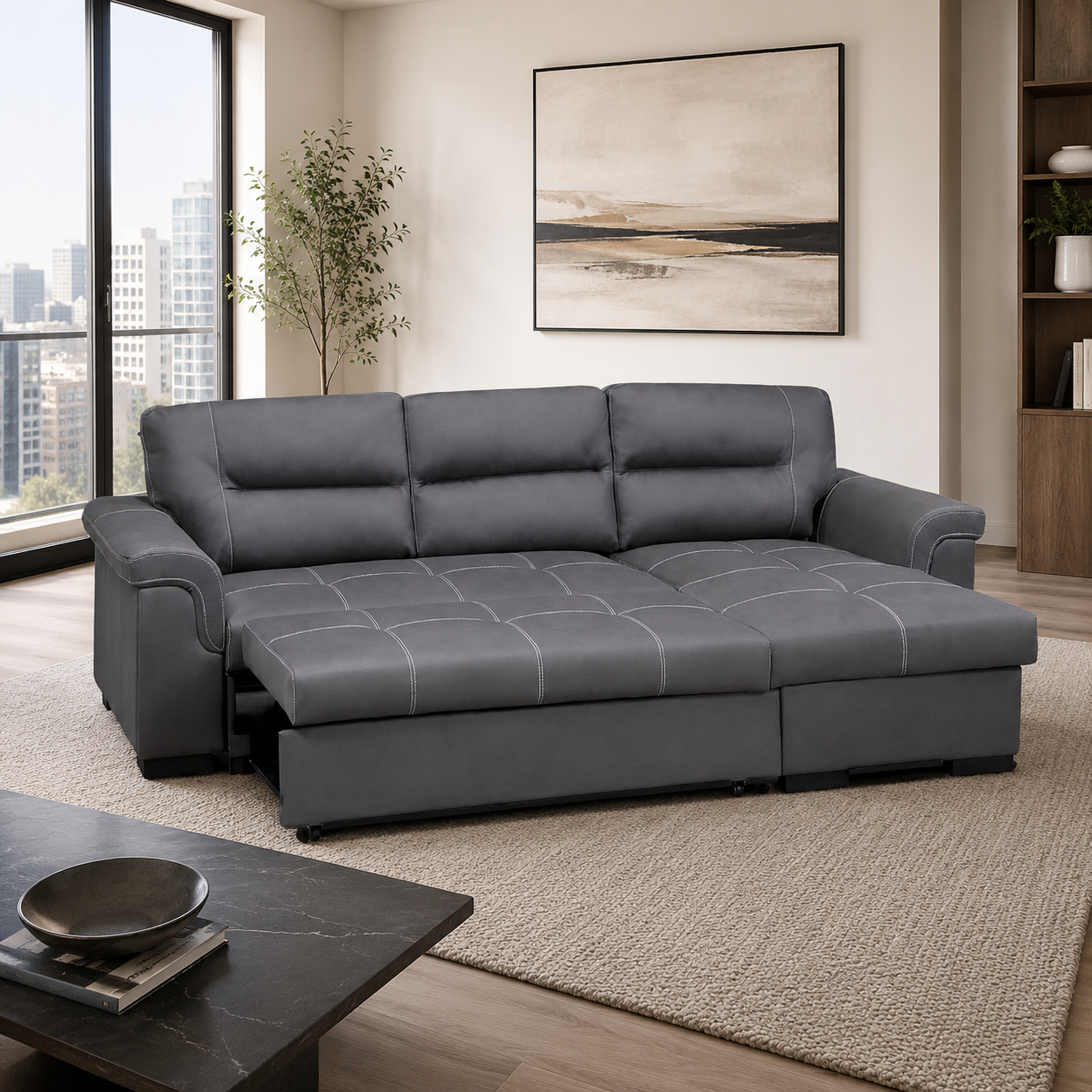 T1217 Pull-Out Sofa Sectional – Grey Fabric