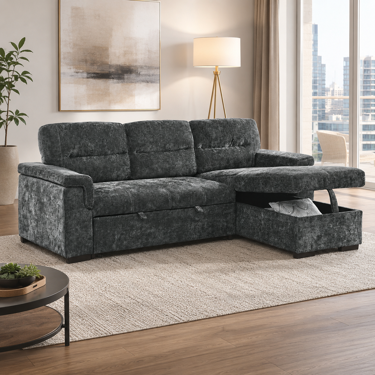 T1218 Pull-Out Sofa Sectional Grey 91W – Sleeper Sofa Canada | FurniturCa