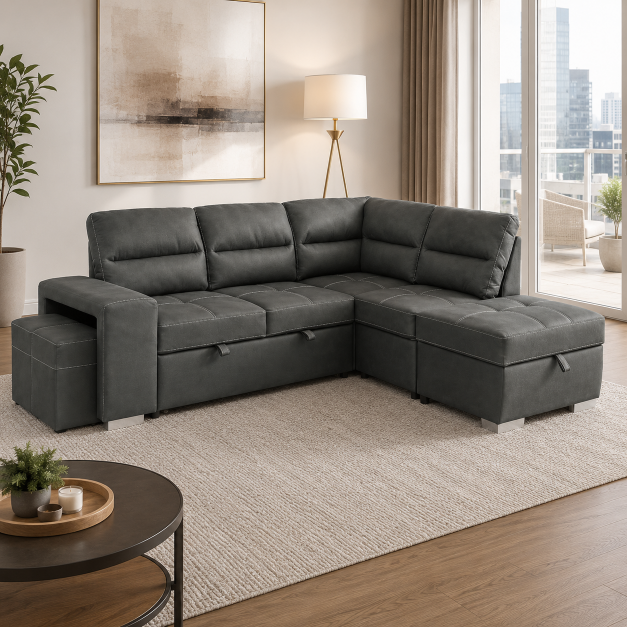 T1225 Pull-Out Sofa Sectional with Storage Grey – Convertible Sofa Canada | FurniturCa
