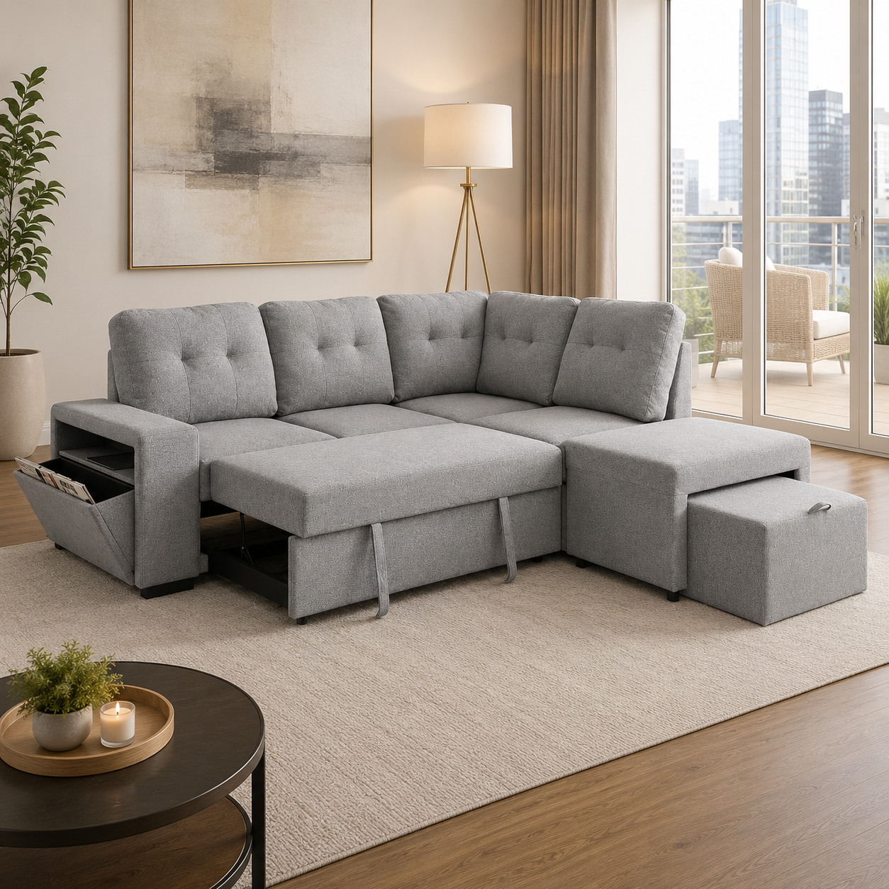 T1226 Pull-Out Sofa Sectional Hidden Storage Grey Chenille 91W – FurniturCa Canada