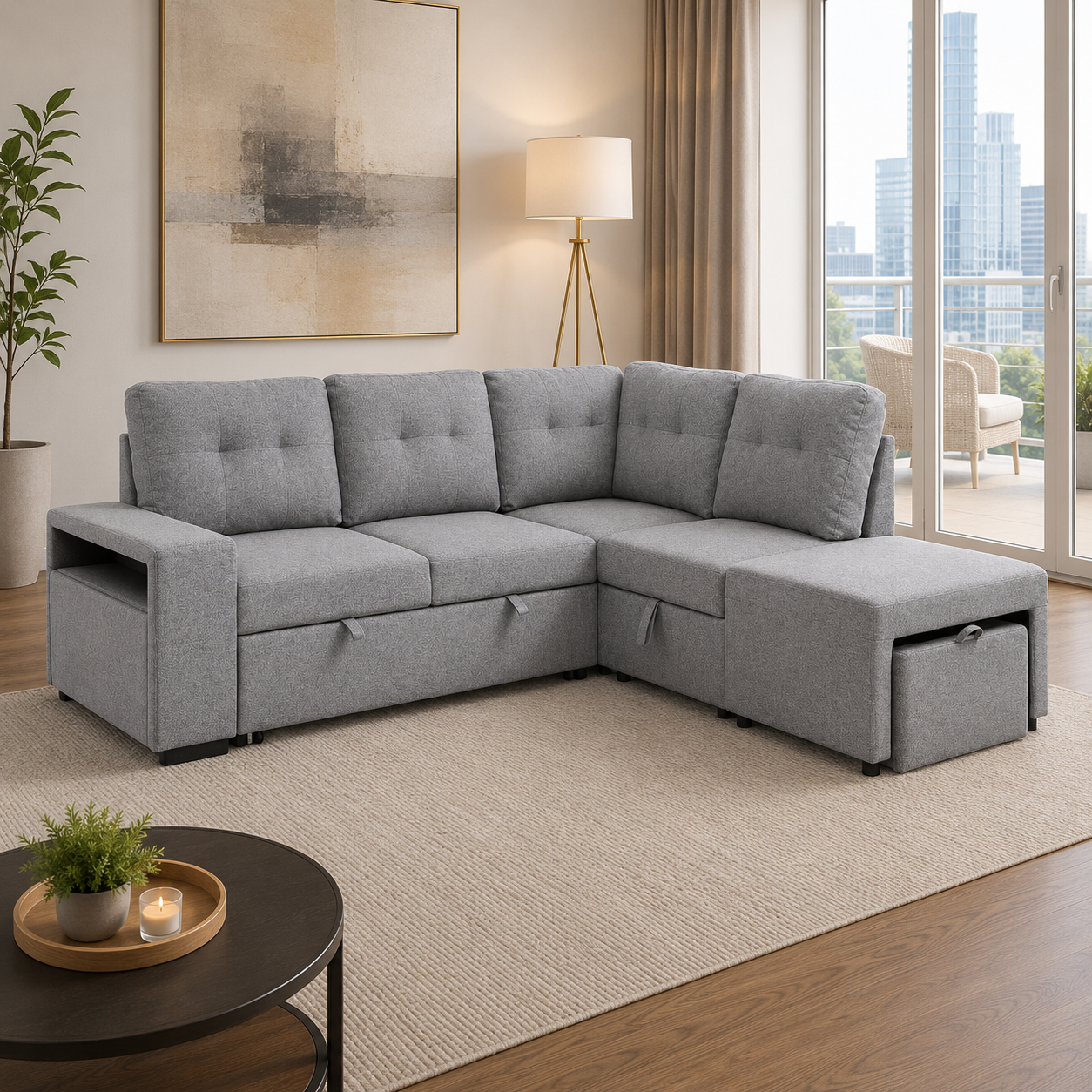 T1226 Pull-Out Sofa Sectional Grey Chenille Detail – FurniturCa Canada
