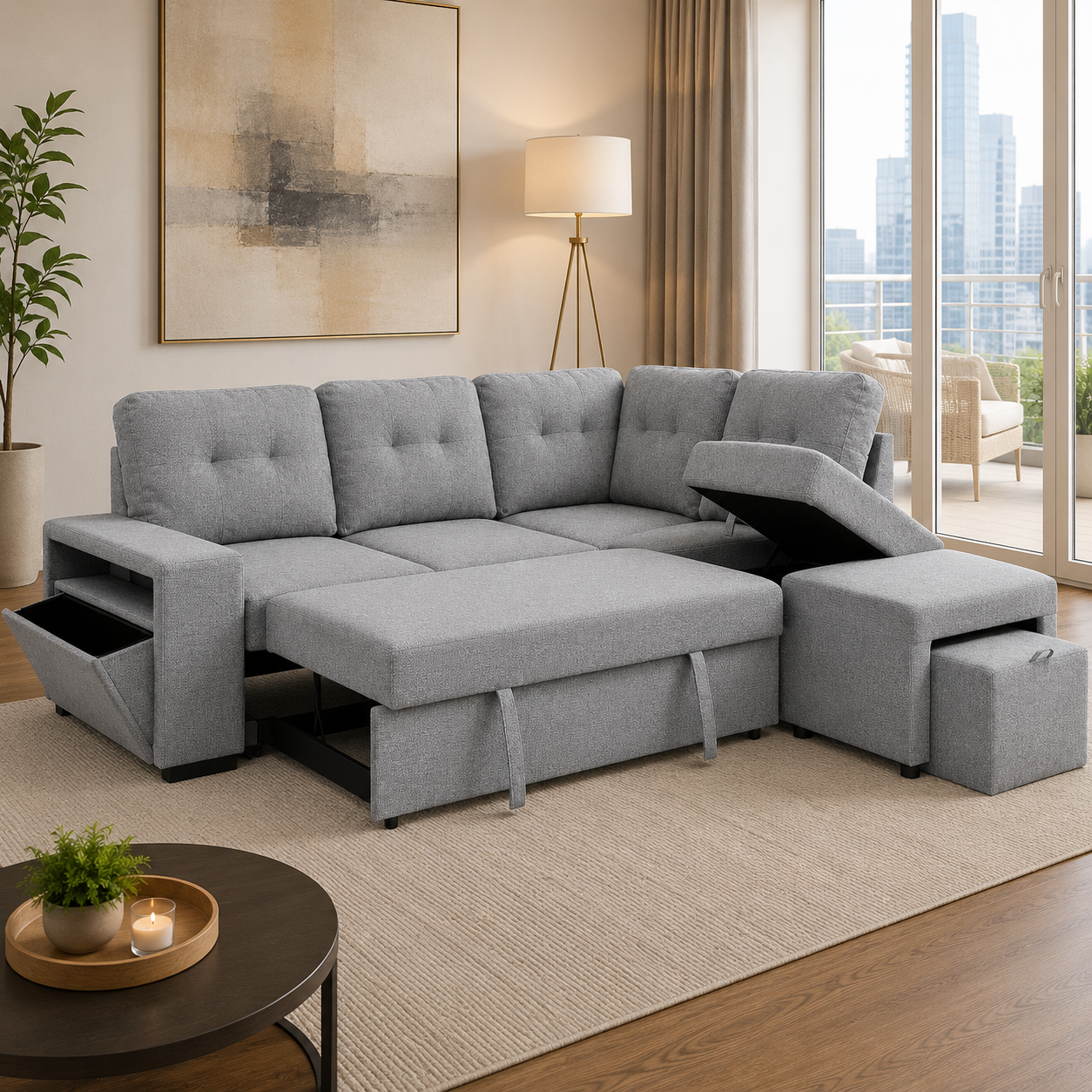 T1226 Sofa Sectional Grey Chenille – Open View | FurniturCa Canada