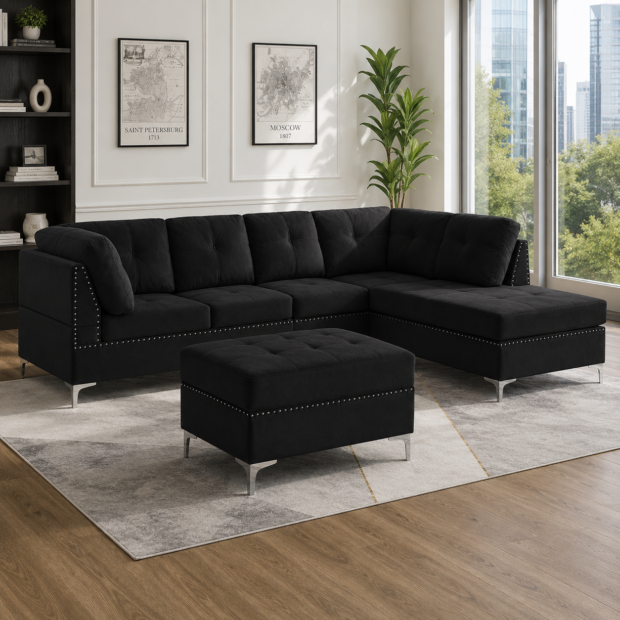 T1233 Sectional Sofa Black Velvet with Storage Ottoman – FurniturCa Canada