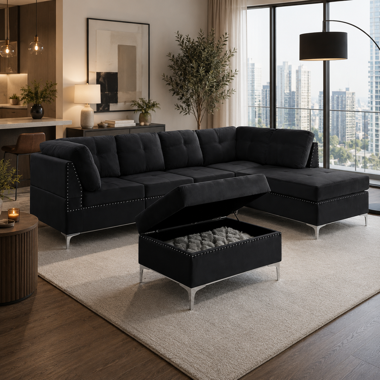 T1233 Sectional Sofa Black Velvet – Detail View | FurniturCa Canada